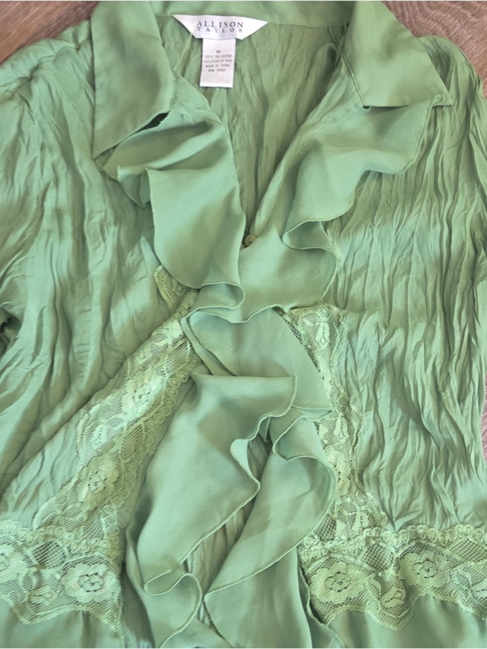 Vintage Allison Taylor Light Green Ruffle Lace-Accent Blouse - Picture 3 of 3